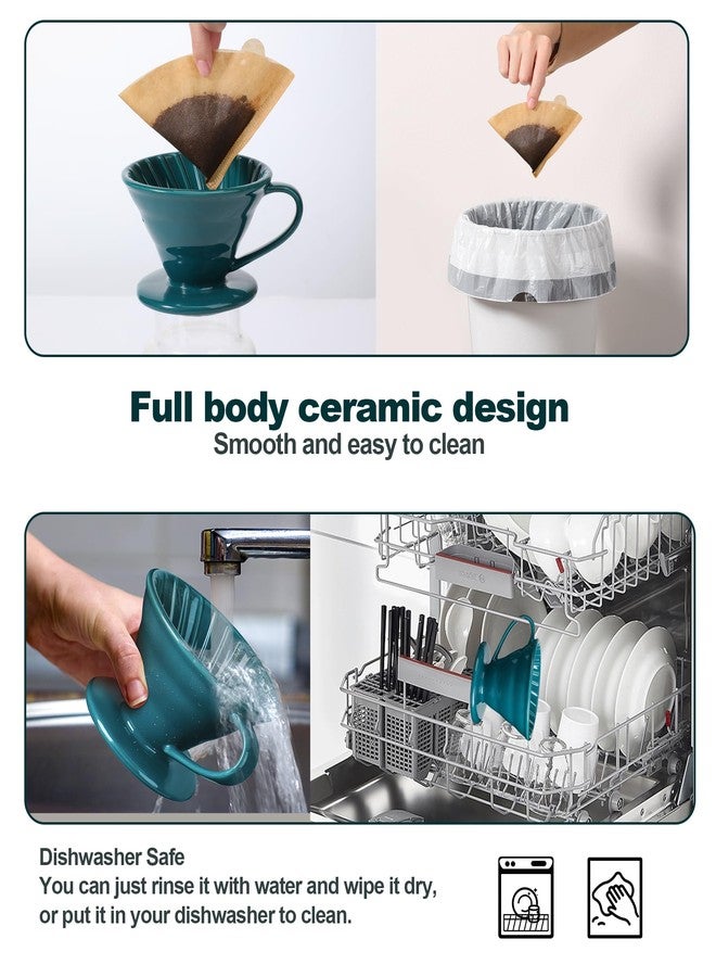 قمع تقطير القهوة Wmazio - قمع سيراميك لتحضير القهوة بالتقطير، قمع تقطير قهوة من البورسلين، كوب واحد، صانع قهوة يدوي للمنزل والمقهى والمكتب - من 1 إلى 4 أكواب، مقاس V60 رقم 02 (أخضر داكن) - Image 5